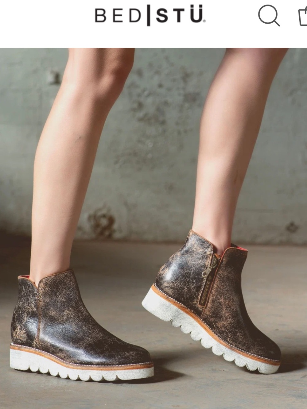 BED|STU Distressed Brown Leather Ankle Booties with White Platform Sole